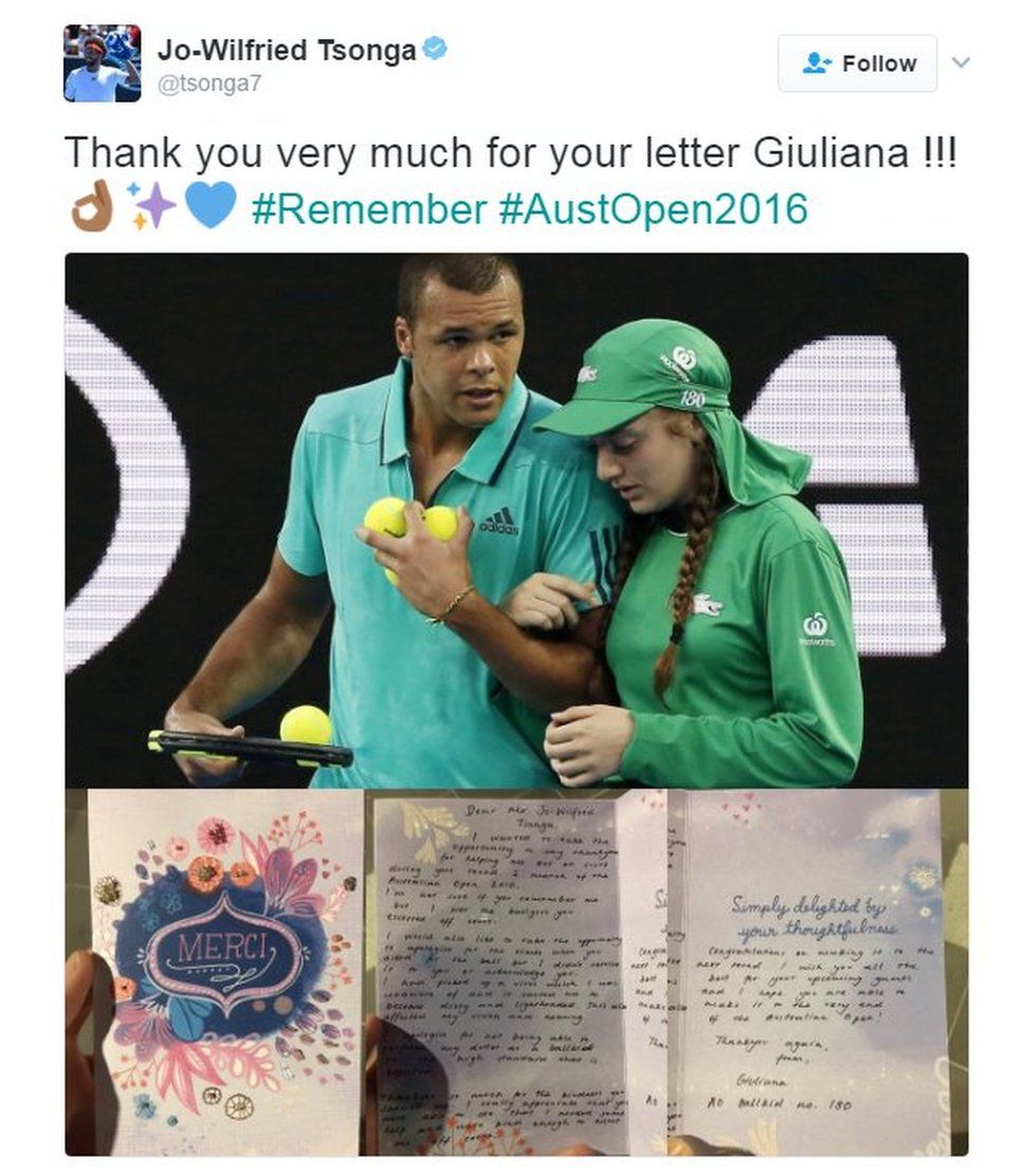 Jo-Wilfried Tsonga's tweet sharing Giuliana's letter