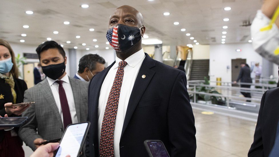 Senator Tim Scott speaks to reporters in Washington DC, 27 April 2021