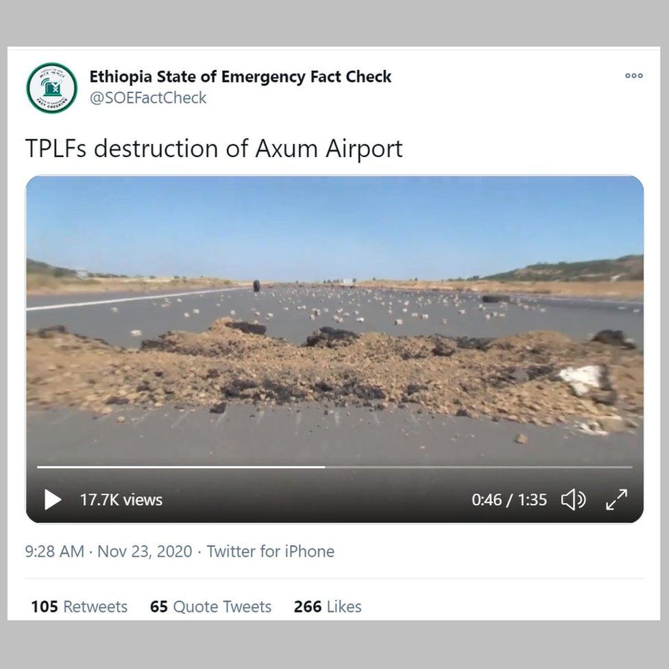 The Ethiopian government's "fact-check" account also published a video of the damage