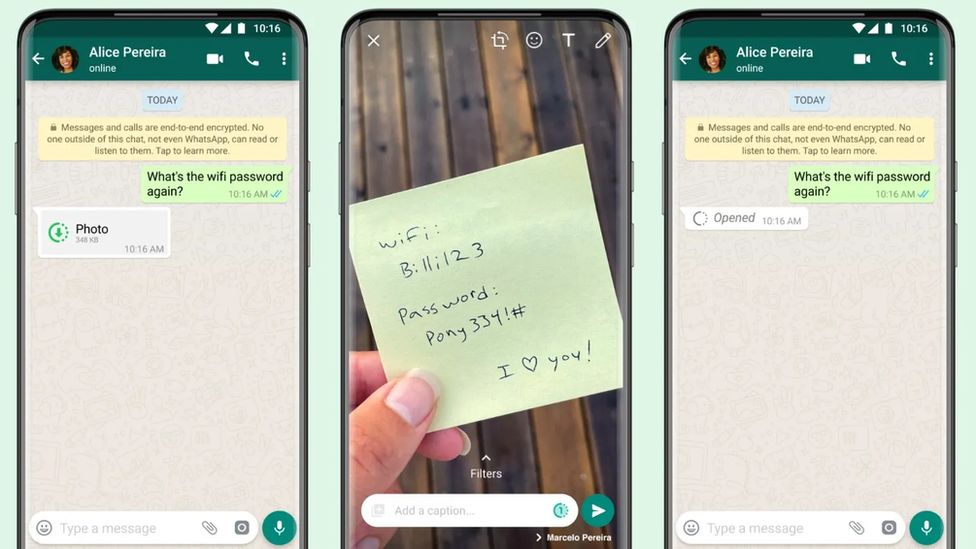 Составное изображение из трех частей показывает интерфейс WhatsApp с символом «1» вместо предварительного просмотра изображения; фото пароля Wi-Fi на стикере; и снова исходное сообщение, но «1» теперь читается как «открыто»