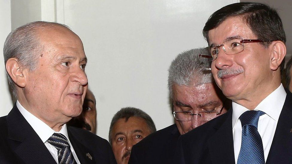 Turkey's Prime Minister Ahmet Davutoglu (right) with Nationalist Movement Party (MHP) opposition leader Devlet Bahceli (left)