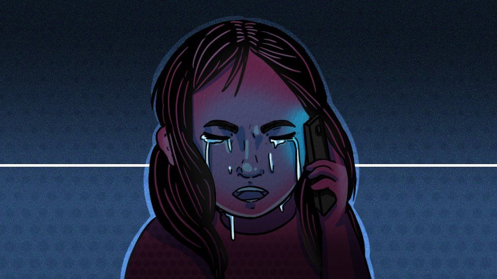 Illustration of young girl, on the phone, crying.