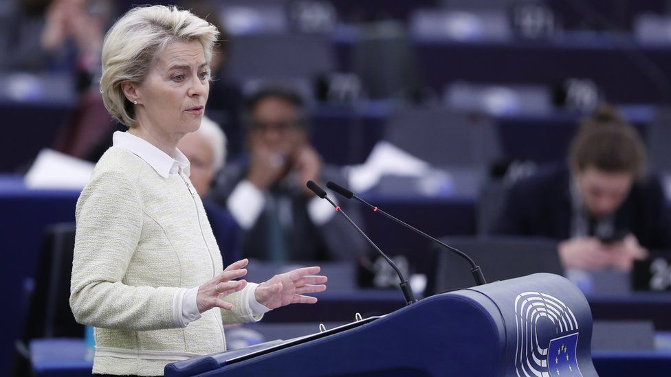 European Commission President Ursula von der Leyen delivers a speech on the social and economic consequences of the Russian invasion of Ukraine for the European Union (EU), at the European Parliament in Strasbourg, France, 04 May 2022