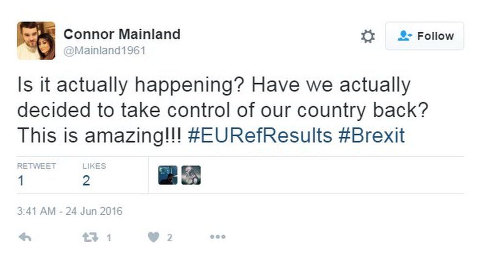 Is it actually happening. Have we actually voted to take control of our country back? This is amazing! #EURefResults
