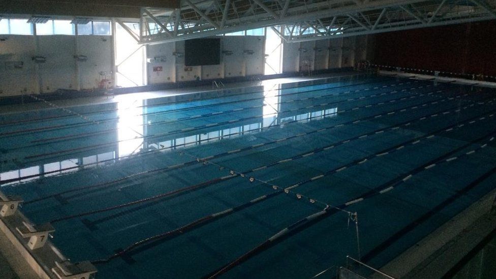 Plymouth Life Centre swimming pool with no lights on