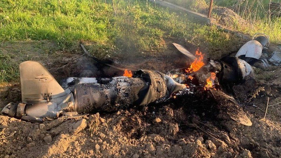 Photo purportedly showing a Russian cruise missile shot down by Ukraine's air defence in Kyiv region. Photo: 18 May 2023