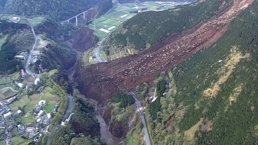 A landslide in Mimami-Aso, south-western Japan. Photo: 16 April 2016