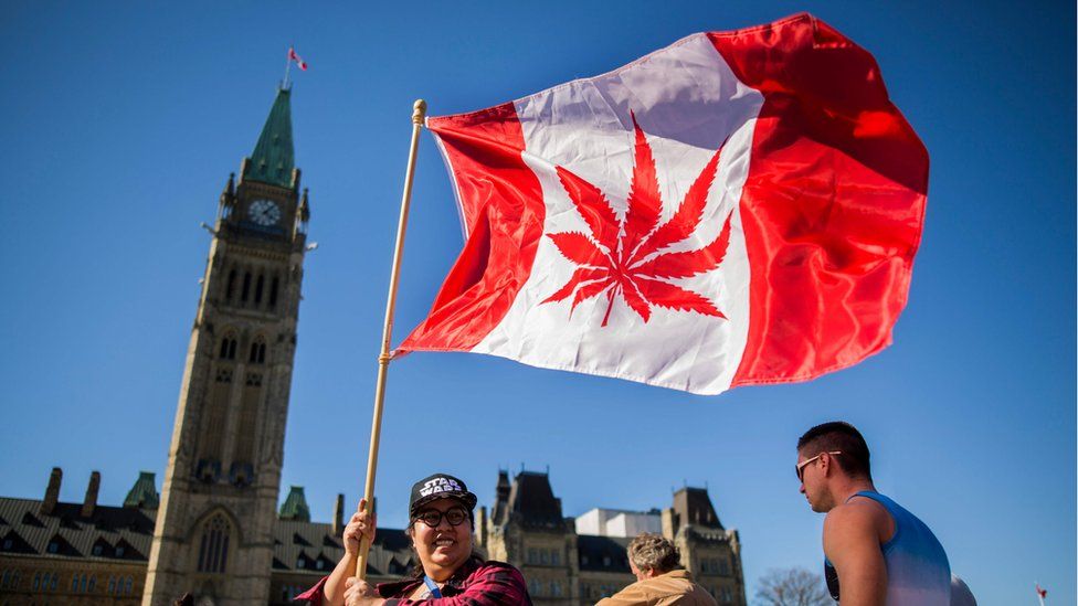 Canadian flying a national flag with a marijuana leaf instead of a maple leaf