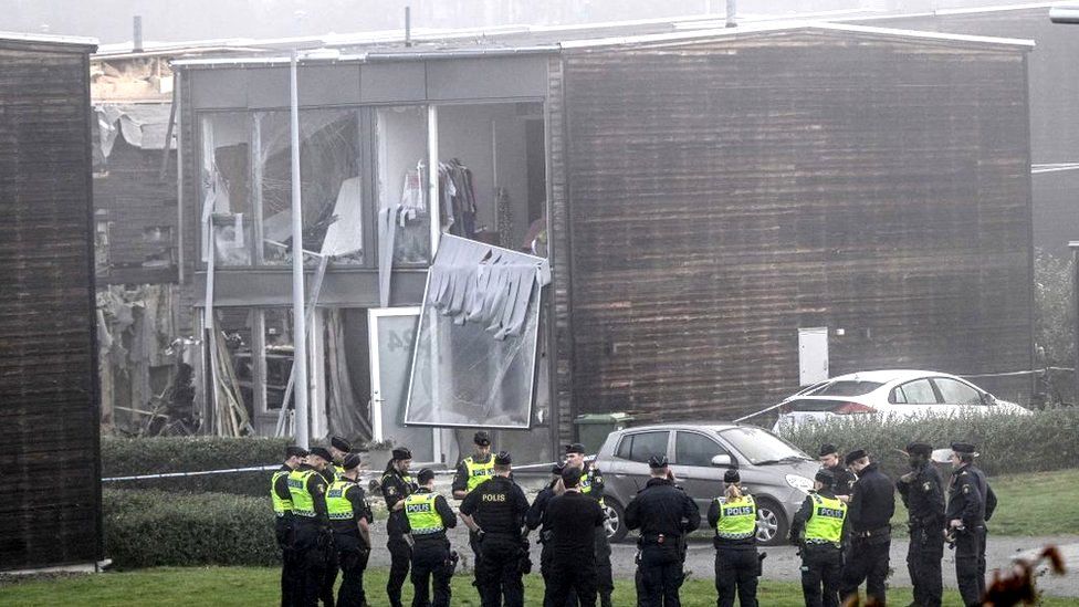 A damaged building is seen after a powerful explosion near Uppsala