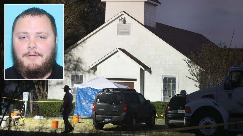 Texas church gunman Devin Patrick Kelley (L) and the First Baptist Church in Sutherland Springs, a small town in Wilson County, Texas.