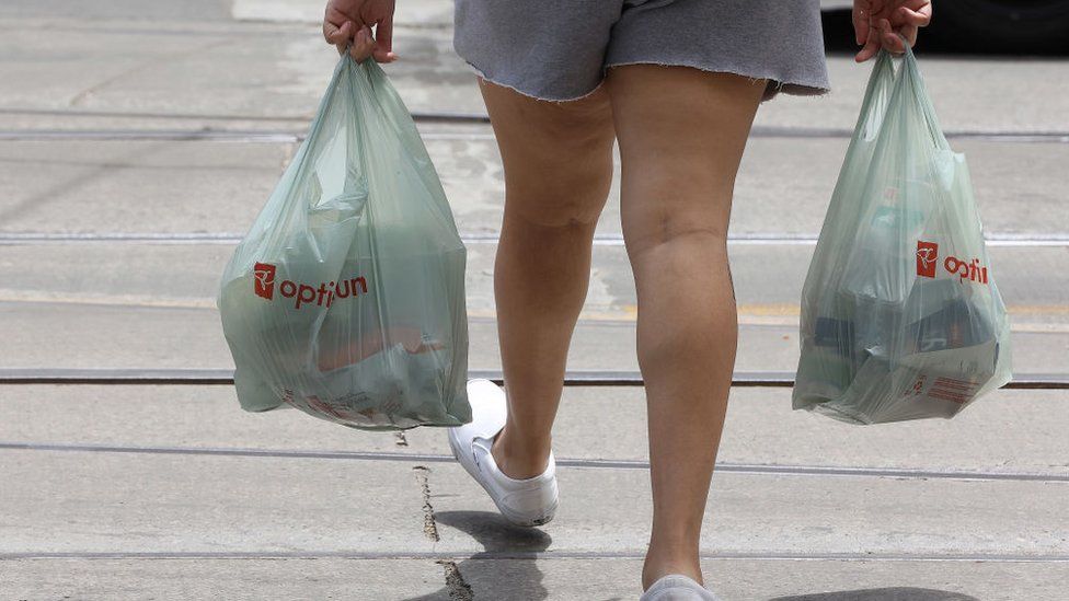 A woman carries two bags of groceries in Toronto, Canada