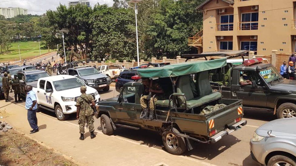 Soldiers outside the hospital in Kampala