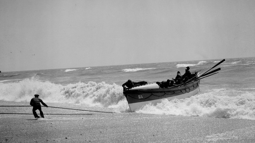 Brighton lifeboat being brought ashore after an exercise in 1929