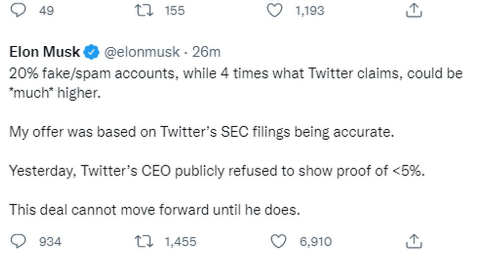 Elon Musk warns Twitter deal stuck without fake account proof - BBC News
