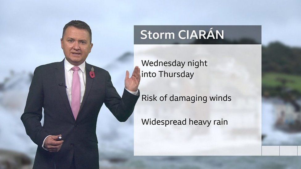Matt Taylor standing in front of a chart showing Storm Ciaran details