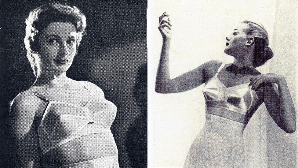 Two women in the 1950s modelling bras