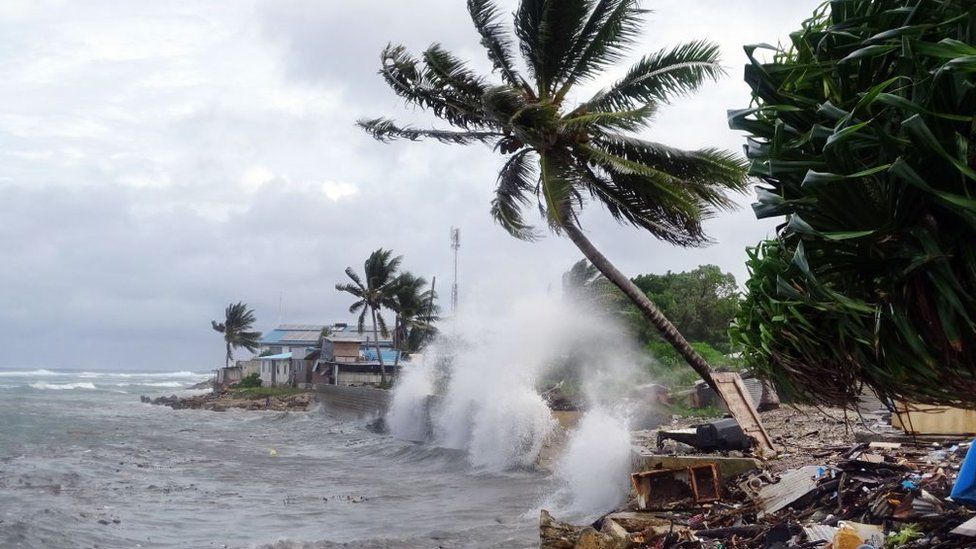 Waves hit the shore in Majuro, the capital city of the Marshall during a storm in 2019