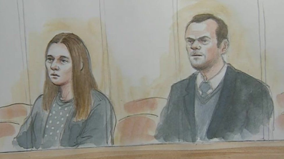 Court sketch of Emma Tustin and Thomas Hughes
