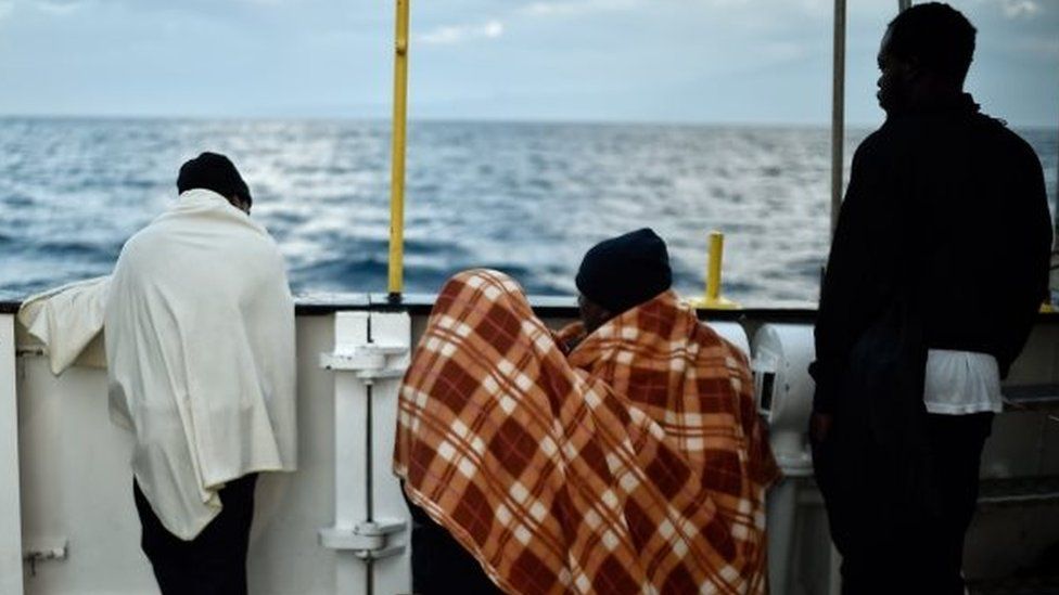 Migrants aboard a rescue ship in the Mediterranean. File photo