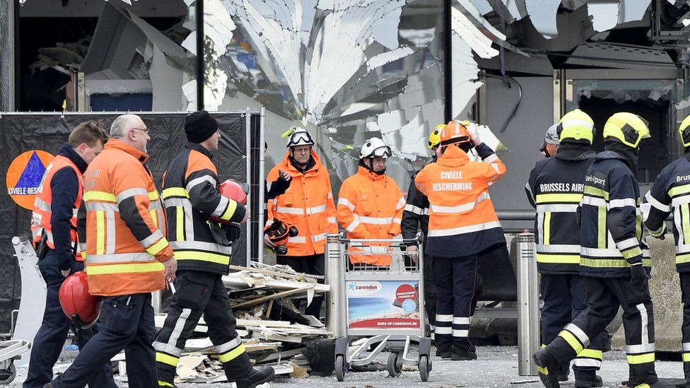 Broken windows of terminal at Brussels international airport. March 23, 2016