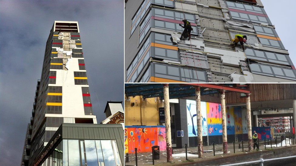 Cladding falls off The Mill, Ipswich in 2013