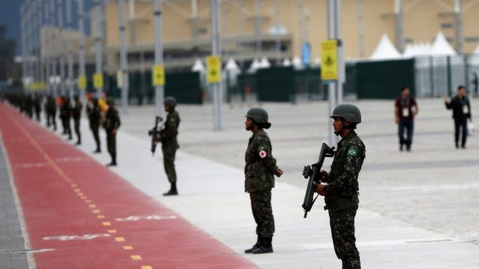 Soldiers of the Brazilian Armed Forces stand guard outside the 2016 Rio Olympics Park in Rio de Janeiro, Brazil, July 21, 2016