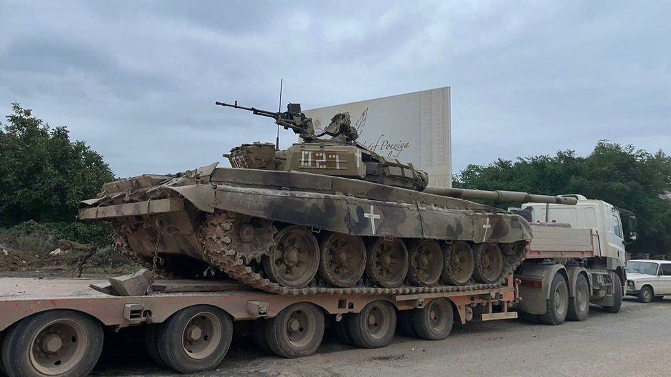 A captured T-72 vehicle paraded by Azerbaijan's military