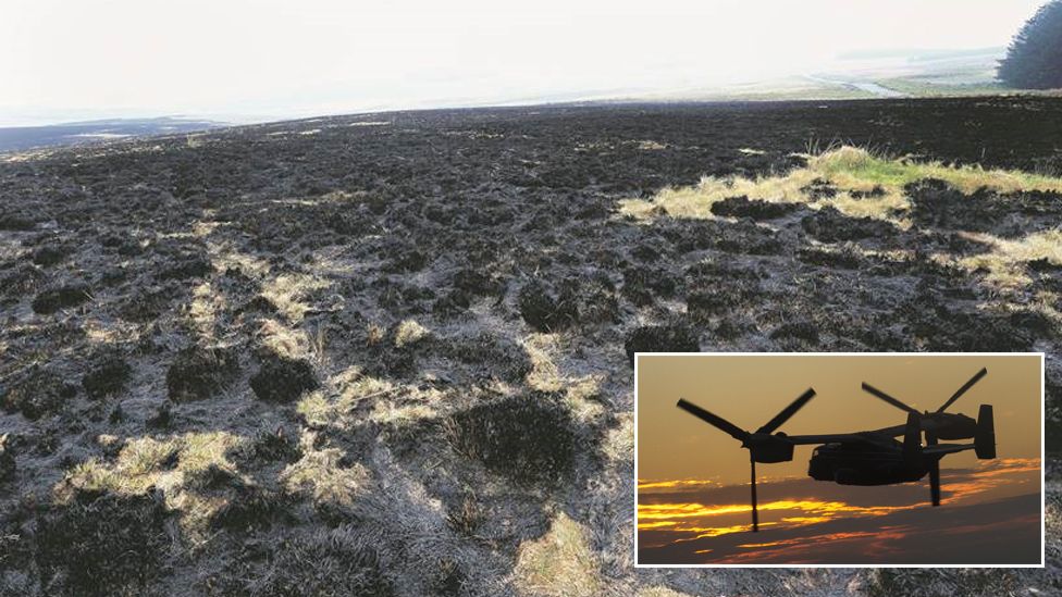 Scorched grassland/Osprey helicopter
