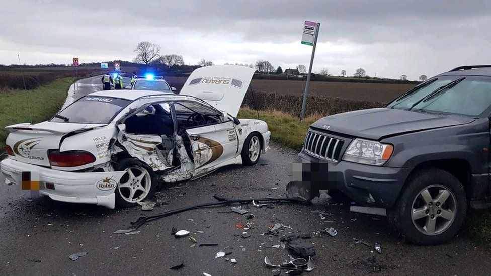 Subaru and Jeep in a crash in Marsh Lane, Derbyshire