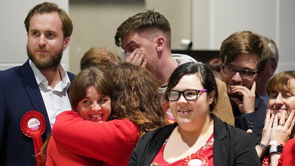 Labour supporters react as Labour candidate Alistair Strathern is declared winner in the Mid Bedfordshire by-election