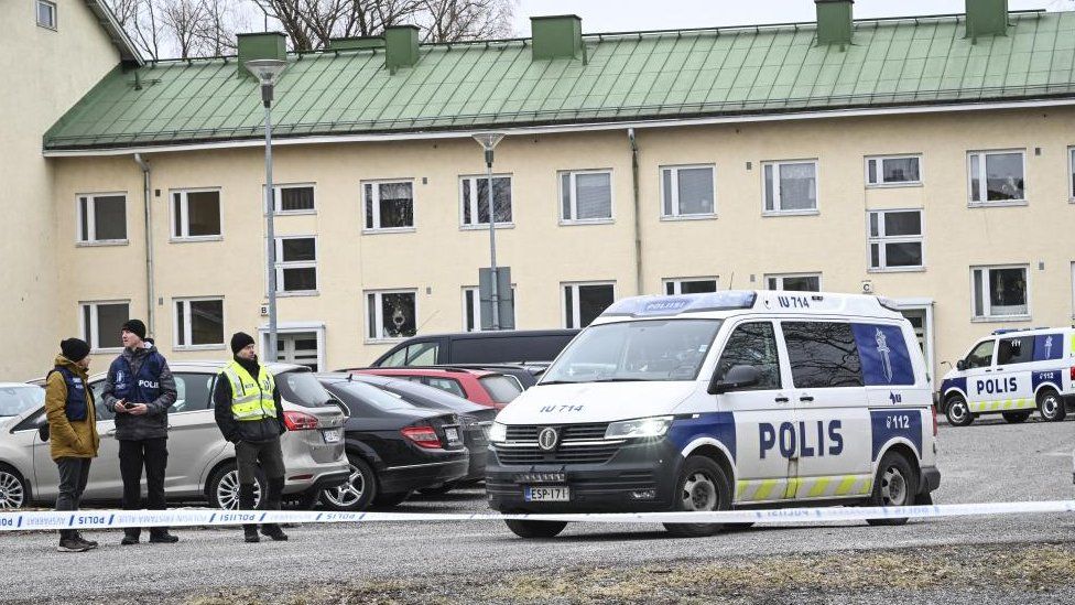 Police at the scene of a school shooting in Vantaa, Finland, 02 April 2024