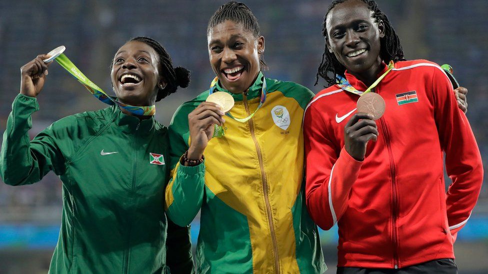 L-R: Burundi's Francine Niyonsaba, South Africa's Caster Semenya, and Kenya's Margaret Wambui holding their 800m medals in Rio, Brazil - Saturday 20 August 2016