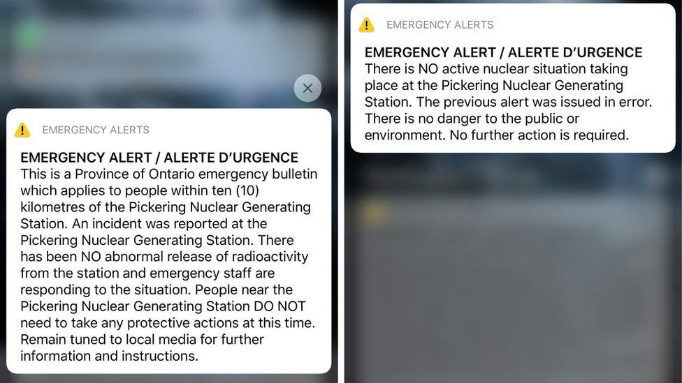 A provincial emergency alert announcing an incident at Pickering Nuclear Generating Station