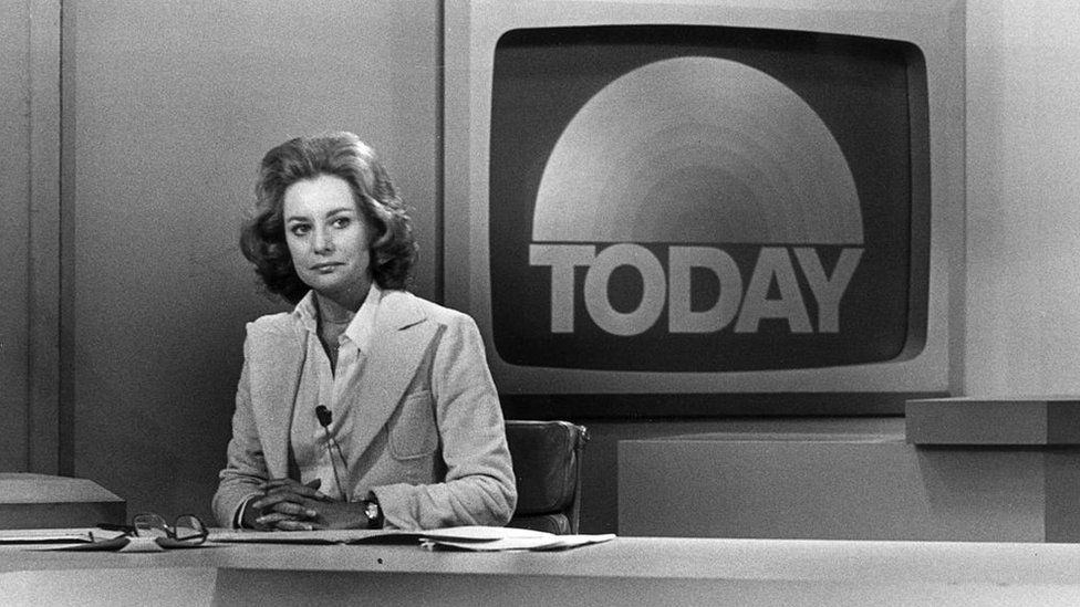 Promotional portrait of television journalist Barbara Walters on the set of the Today Show, New York City, in 1976