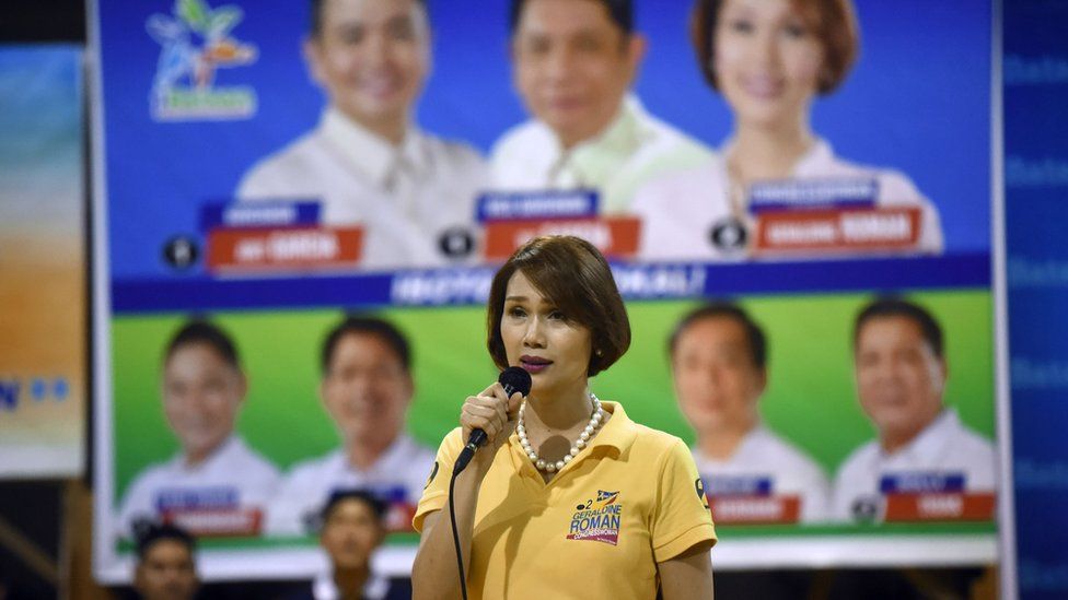 Geraldine Roman delivers a speech as she campaigns in Bataan province