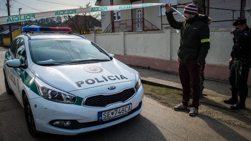Slovak police car at crime scene, 26 Feb 18