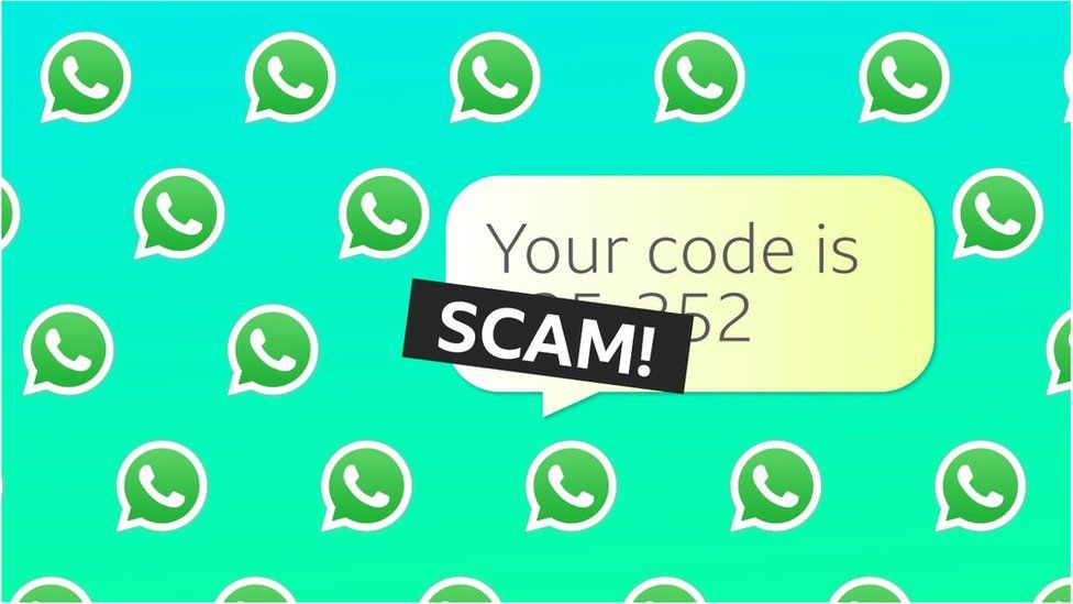 Сверху логотипы WhatsApp со словом scam