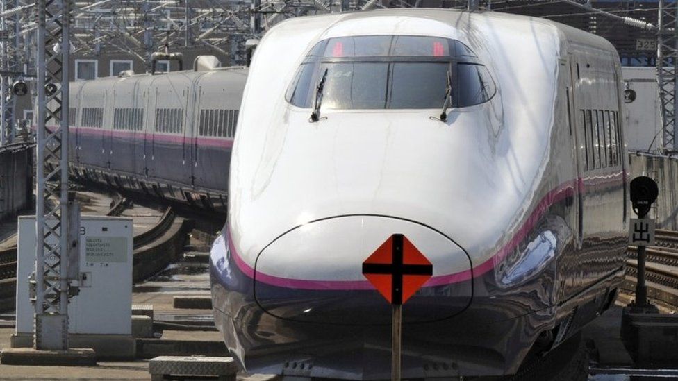 A bullet train departs for Tokyo at Sendai Station in Miyagi prefecture on April 25, 2011