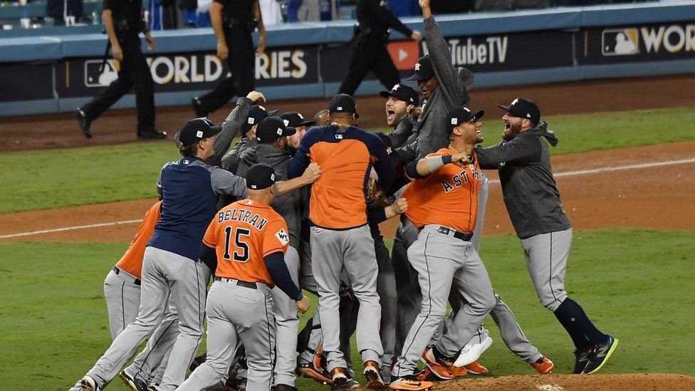 The Houston Astros players celebrate their win over the Los Angeles Dodgers to clinch the World Series title