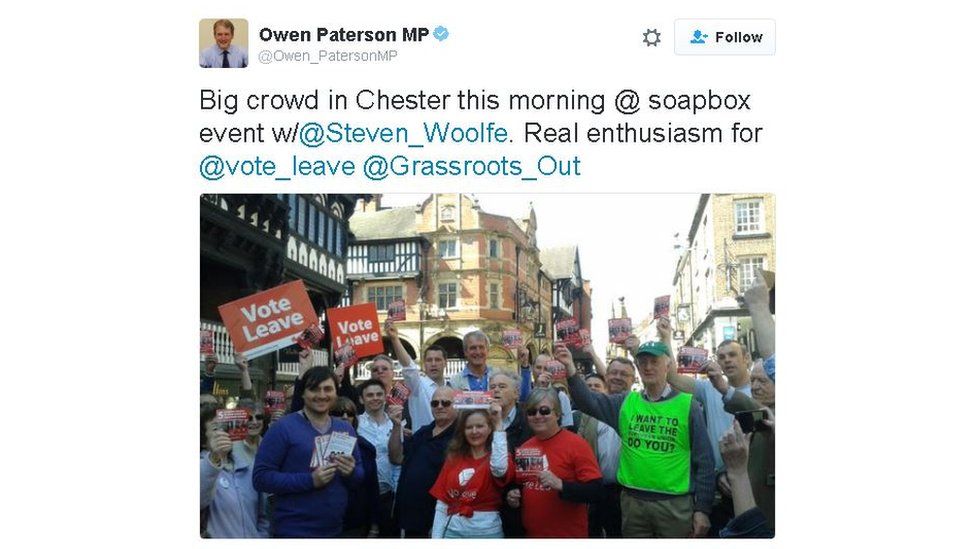 Owen Paterson tweet saying: Big crowd in Chester this morning at soapbox event