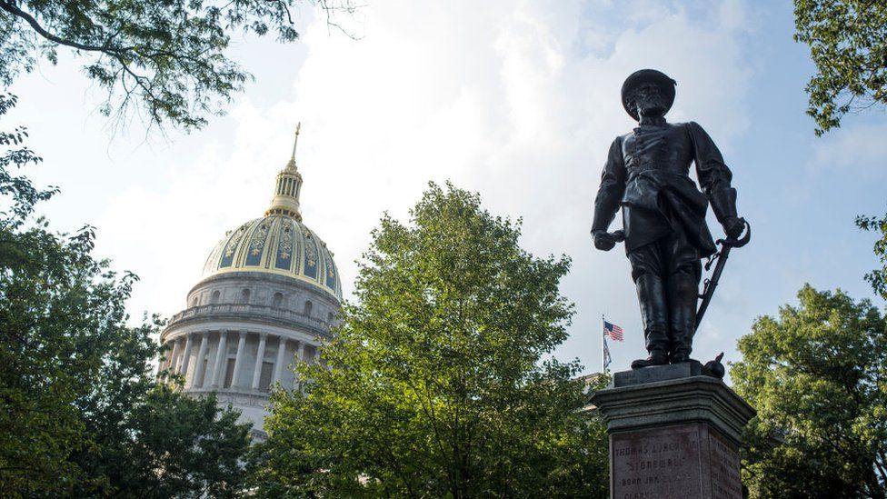 The statue of Confederate General Thomas Stonewall Jackson stands at the West Virginia State Capitol Complex in Charleston, West Virginia