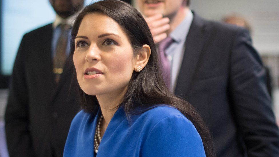 Home Secretary Priti Patel meets students and staff working on "carbon capture" at Imperial College London in South Kensington, London