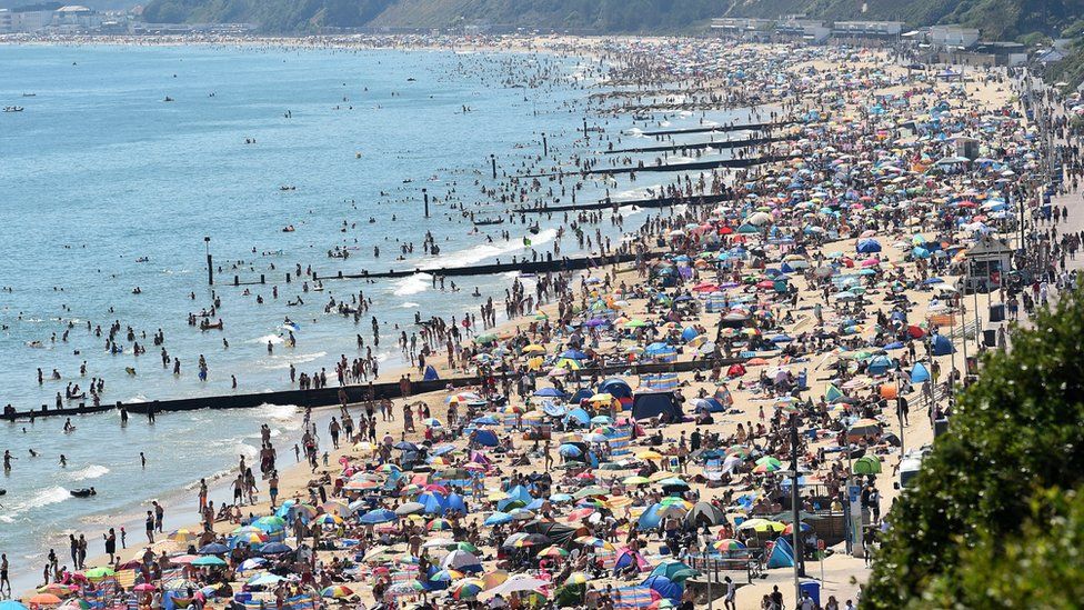 A busy beach in Bournemouth