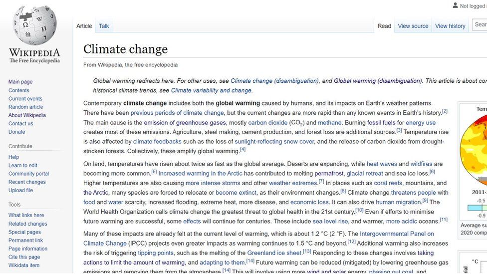 Screenshot from the English Wikipedia article on climate change