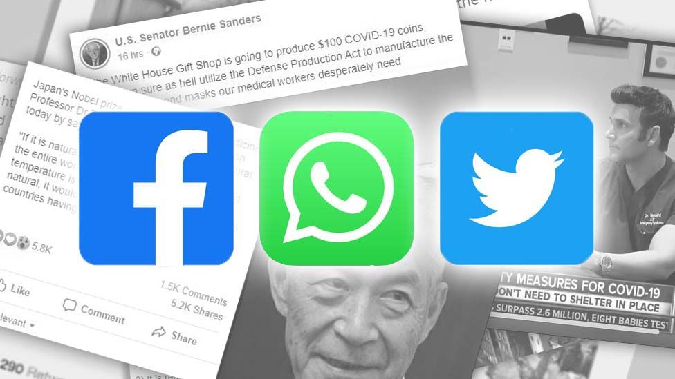 Stacks of screenshots with Facebook, WhatsApp and Twitter logos on top