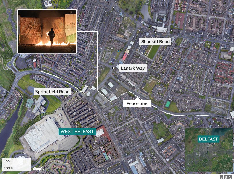 Map of west Belfast riots