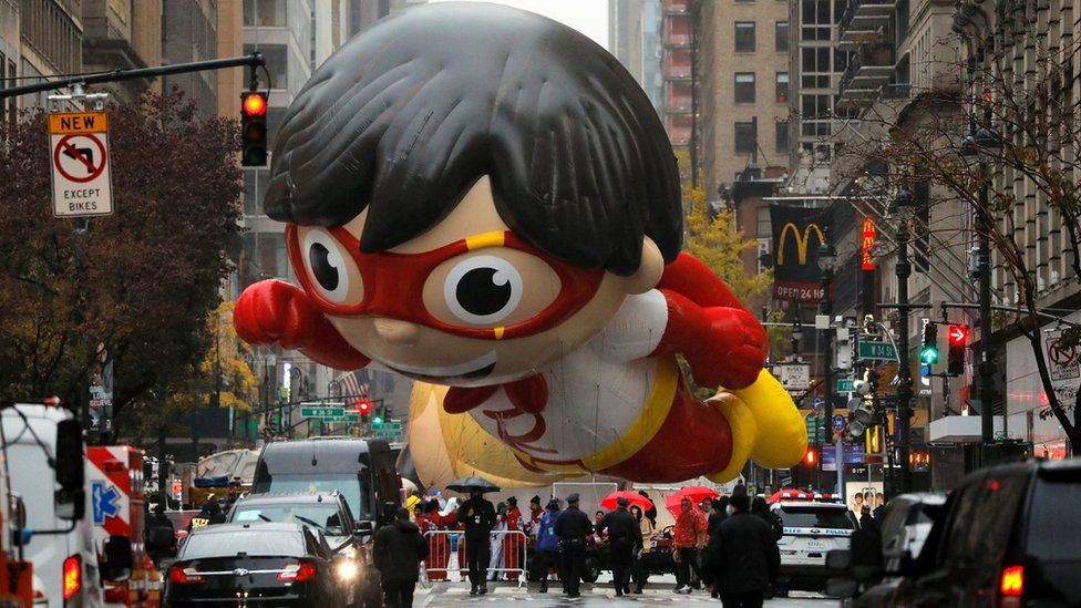 A balloon depicting Red Titan, a character from "Ryan"s World", is seen during the 94th Macy"s Thanksgiving Day Parade closed to the spectators due to the spread of the coronavirus disease (COVID-19), in Manhattan, New York City, U.S., November 26, 2020