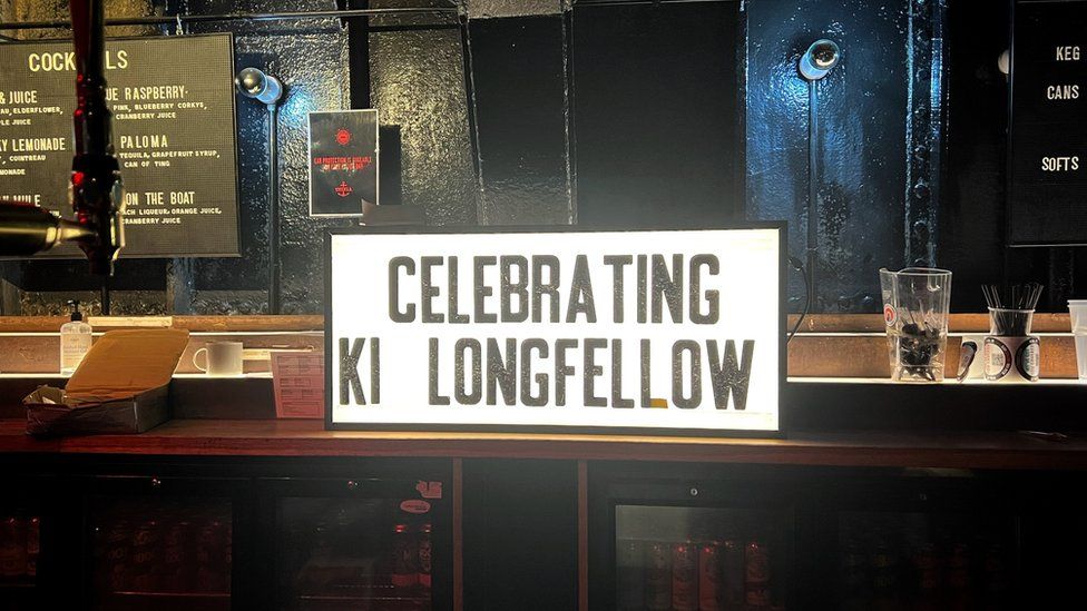 A lightbox on the bar in Thekla saying 'Celebrating Ki Longfellow'