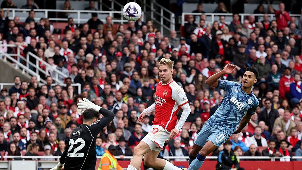 Aston Villa's Ollie Watkins chips the ball over the Arsenal keeper