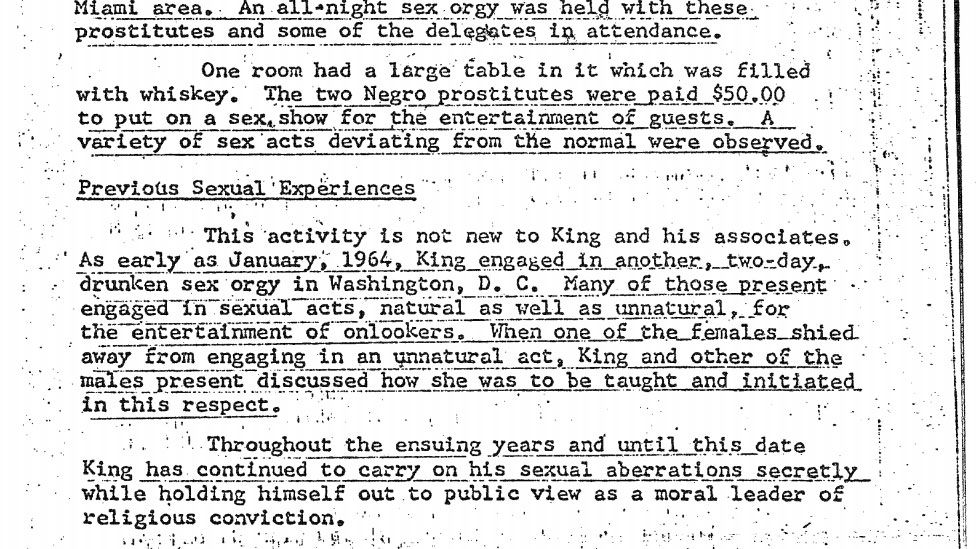 A screenshot of an old, photocopied file page detailing Dr King's alleged sexual misconduct